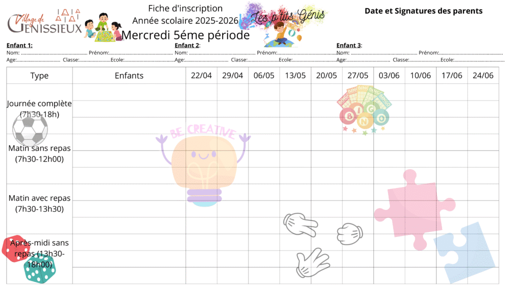 Fiche d’inscription Mercredis 5ème période Année 2025-2026 soit du 22 avril au 24 juin 2026